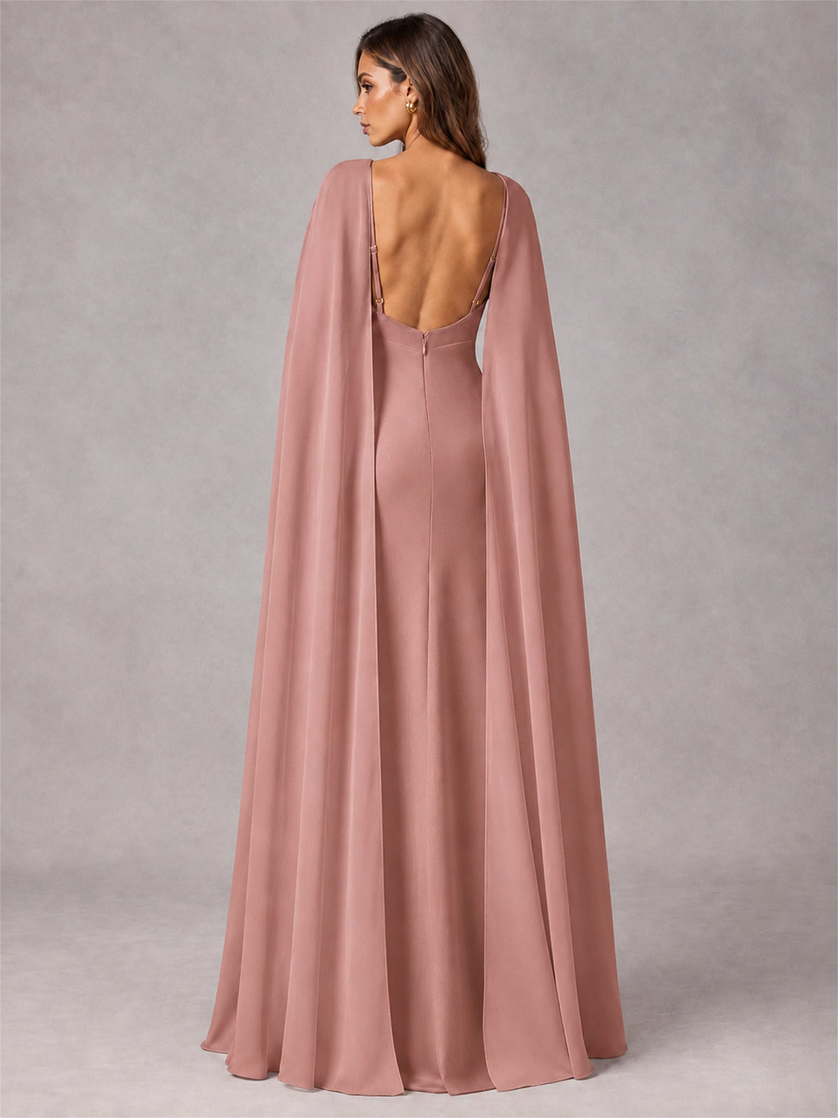 V-Neck Mermaid Satin Spaghetti Straps Floor-Length Wedding Guest Dress with Cape