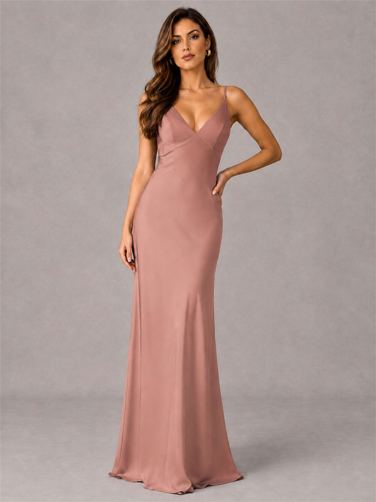 V-Neck Mermaid Satin Spaghetti Straps Floor-Length Wedding Guest Dress with Cape