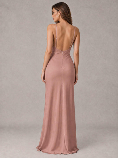 V-Neck Mermaid Satin Spaghetti Straps Floor-Length Wedding Guest Dress with Cape