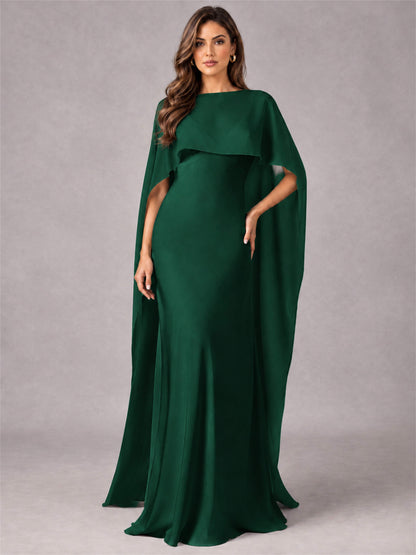 V-Neck Mermaid Satin Spaghetti Straps Floor-Length Wedding Guest Dress with Cape