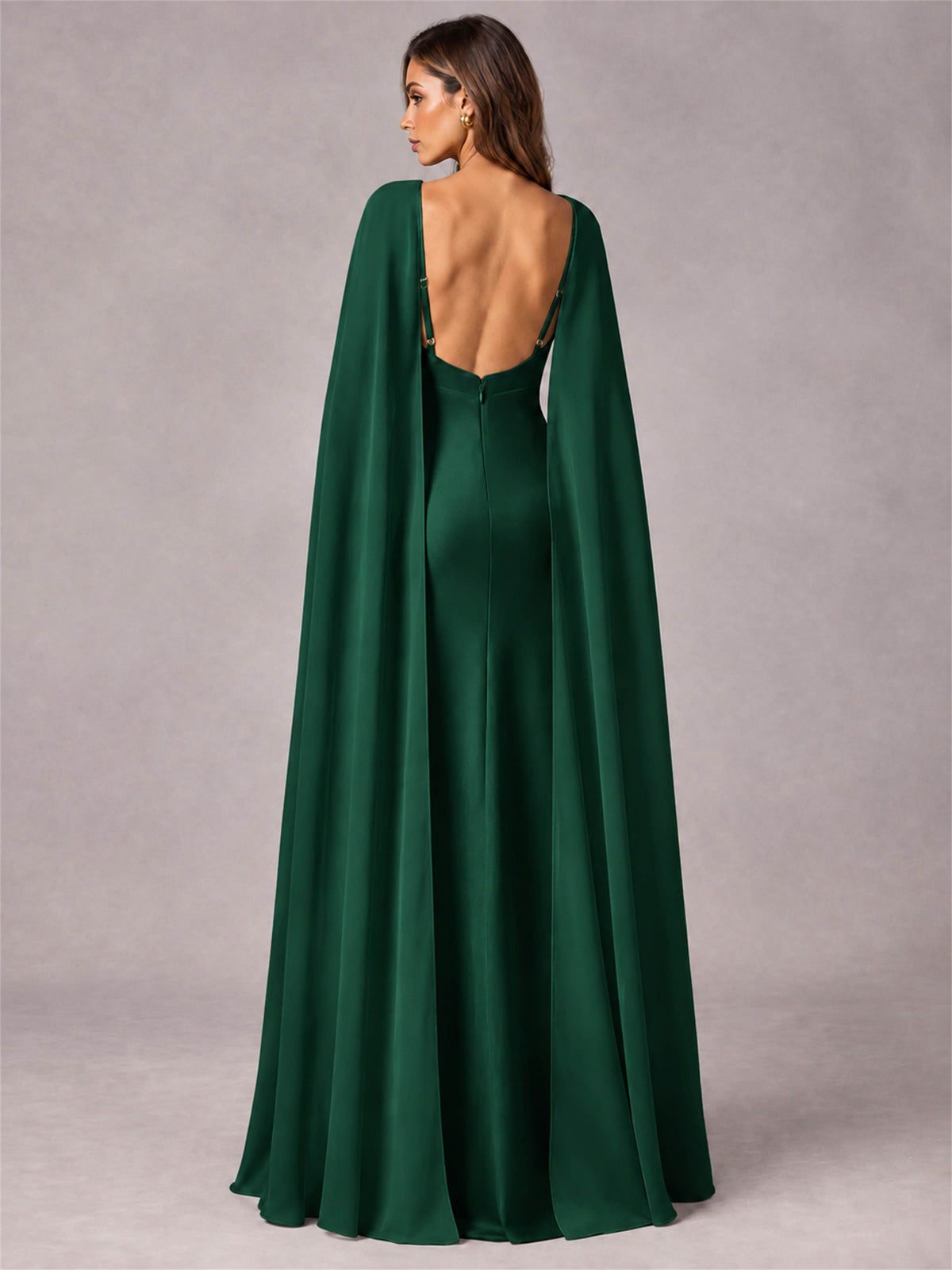 V-Neck Mermaid Satin Spaghetti Straps Floor-Length Wedding Guest Dress with Cape