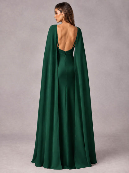 V-Neck Mermaid Satin Spaghetti Straps Floor-Length Wedding Guest Dress with Cape