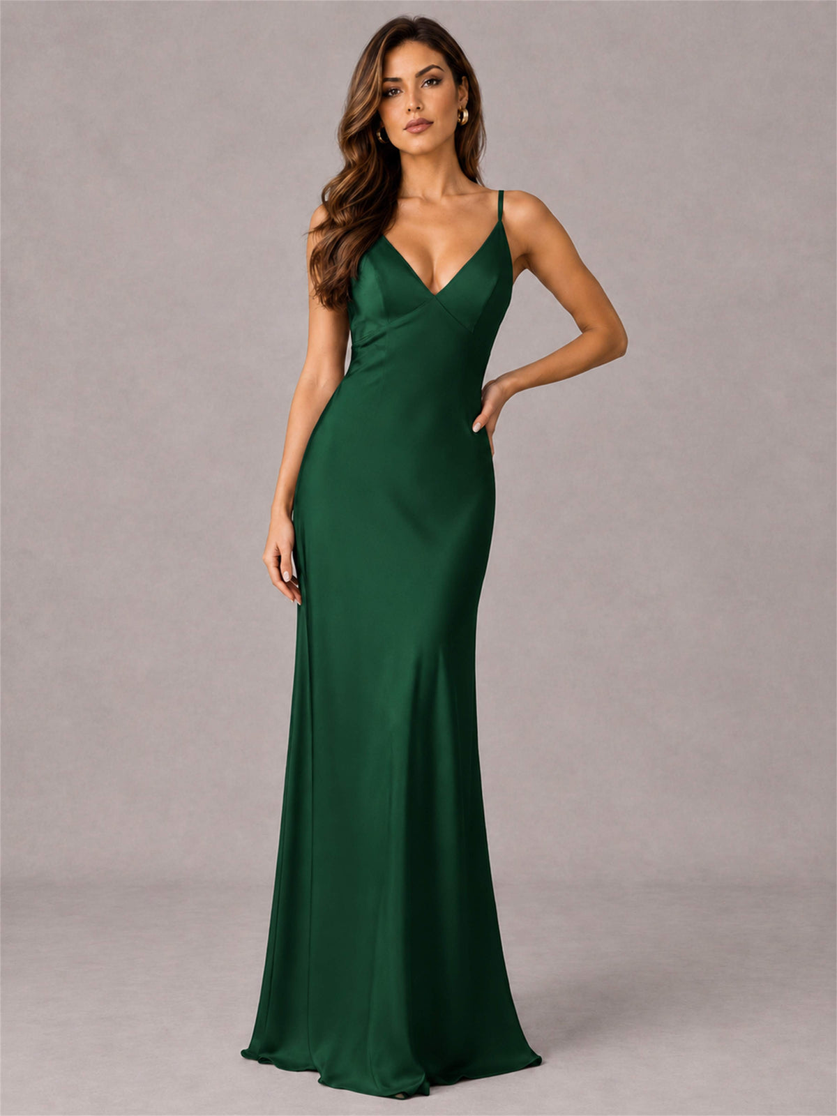 V-Neck Mermaid Satin Spaghetti Straps Floor-Length Wedding Guest Dress with Cape