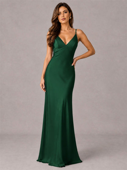 V-Neck Mermaid Satin Spaghetti Straps Floor-Length Wedding Guest Dress with Cape