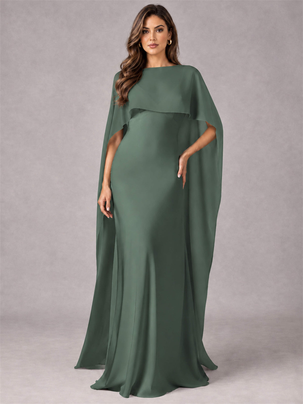 V-Neck Mermaid Satin Spaghetti Straps Floor-Length Wedding Guest Dress with Cape