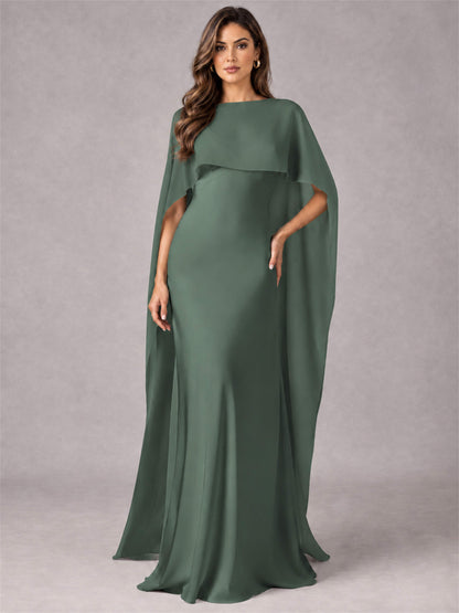 V-Neck Mermaid Satin Spaghetti Straps Floor-Length Wedding Guest Dress with Cape