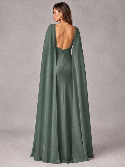 V-Neck Mermaid Satin Spaghetti Straps Floor-Length Wedding Guest Dress with Cape