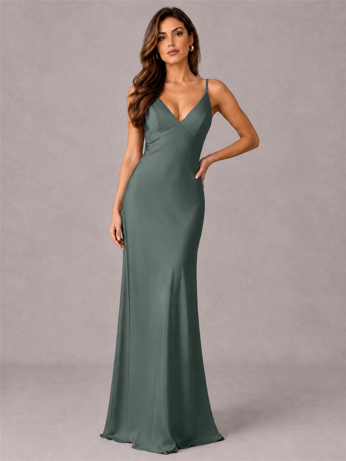 V-Neck Mermaid Satin Spaghetti Straps Floor-Length Wedding Guest Dress with Cape