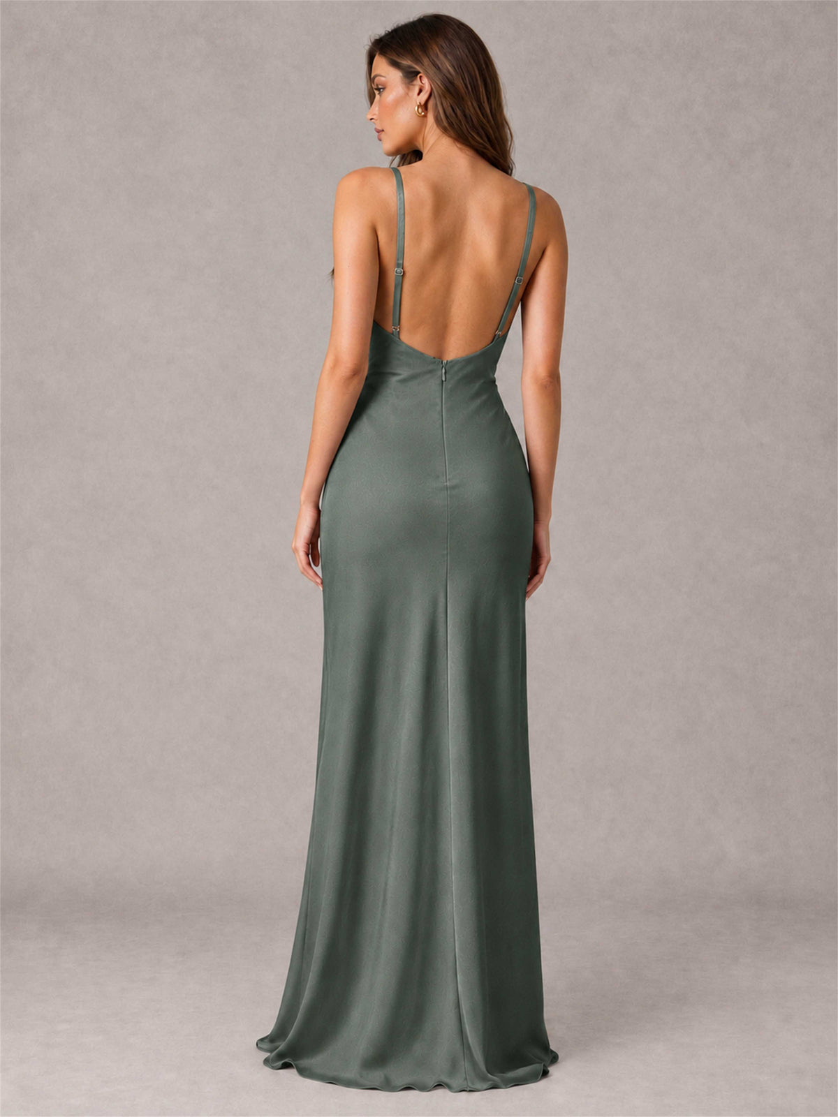 V-Neck Mermaid Satin Spaghetti Straps Floor-Length Wedding Guest Dress with Cape