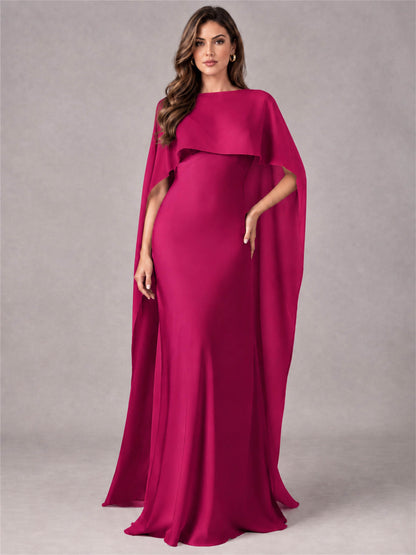 V-Neck Mermaid Satin Spaghetti Straps Floor-Length Wedding Guest Dress with Cape