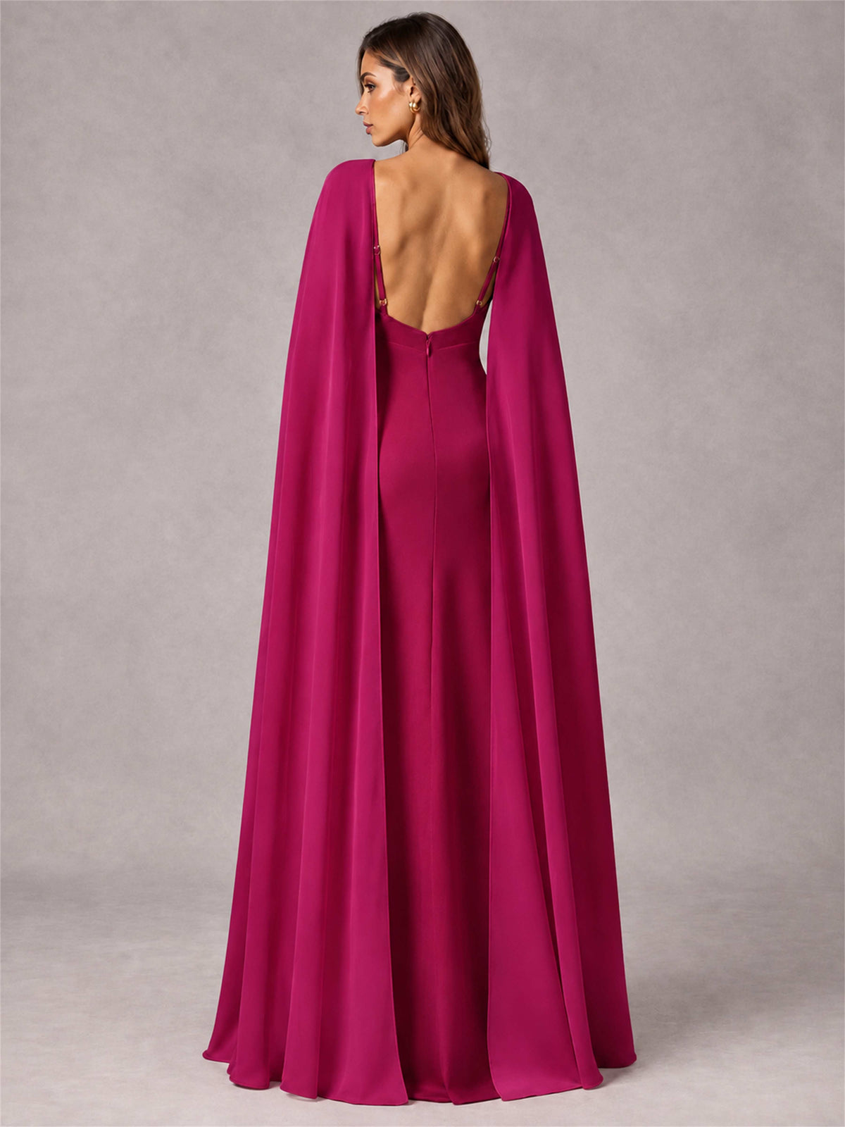 V-Neck Mermaid Satin Spaghetti Straps Floor-Length Wedding Guest Dress with Cape