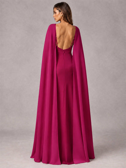 V-Neck Mermaid Satin Spaghetti Straps Floor-Length Wedding Guest Dress with Cape