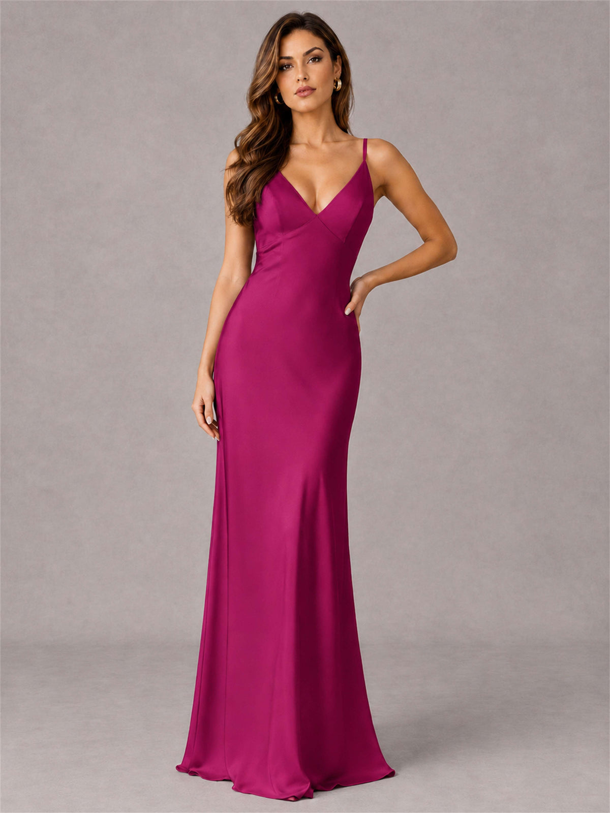 V-Neck Mermaid Satin Spaghetti Straps Floor-Length Wedding Guest Dress with Cape