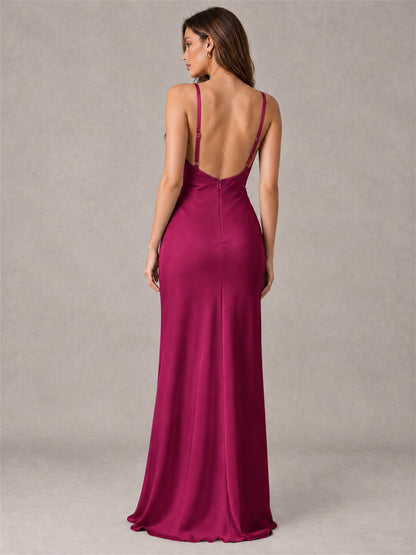 V-Neck Mermaid Satin Spaghetti Straps Floor-Length Wedding Guest Dress with Cape