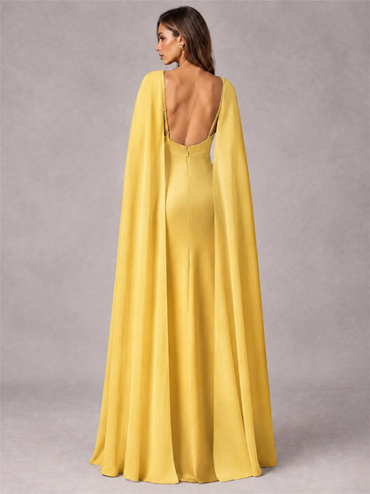 V-Neck Mermaid Satin Spaghetti Straps Floor-Length Wedding Guest Dress with Cape