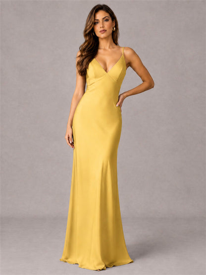 V-Neck Mermaid Satin Spaghetti Straps Floor-Length Wedding Guest Dress with Cape
