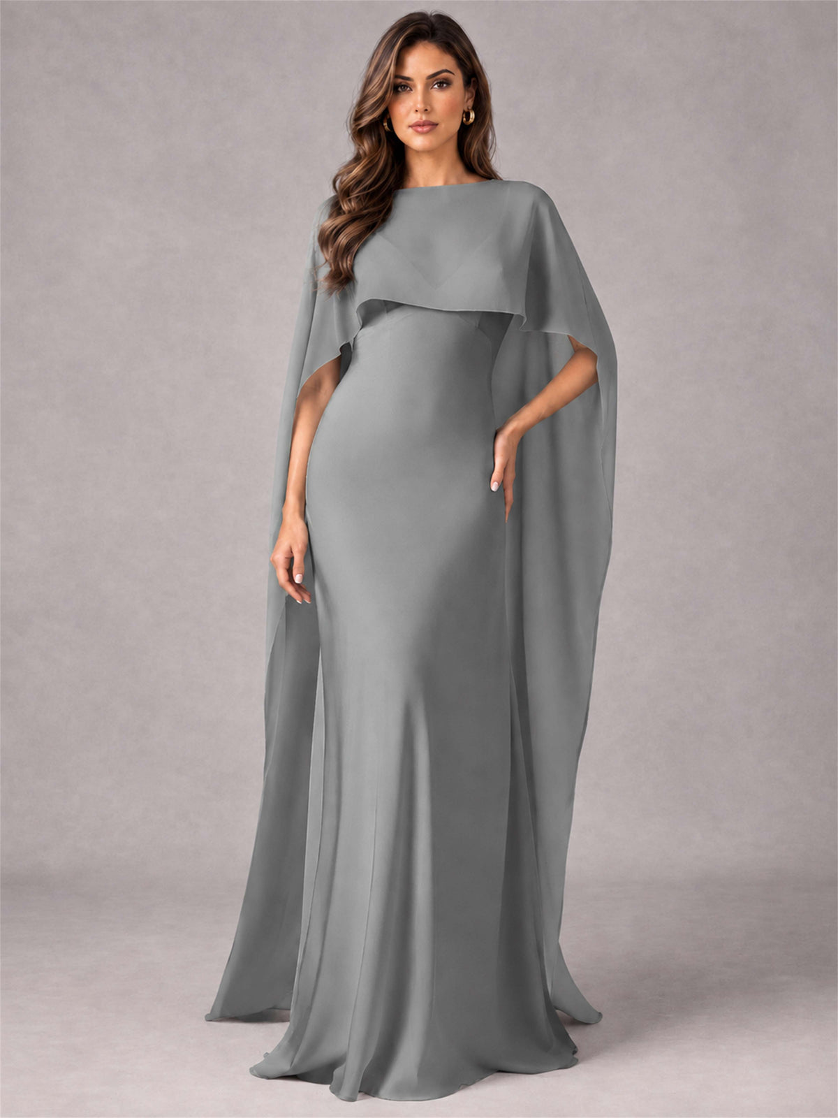 V-Neck Mermaid Satin Spaghetti Straps Floor-Length Wedding Guest Dress with Cape