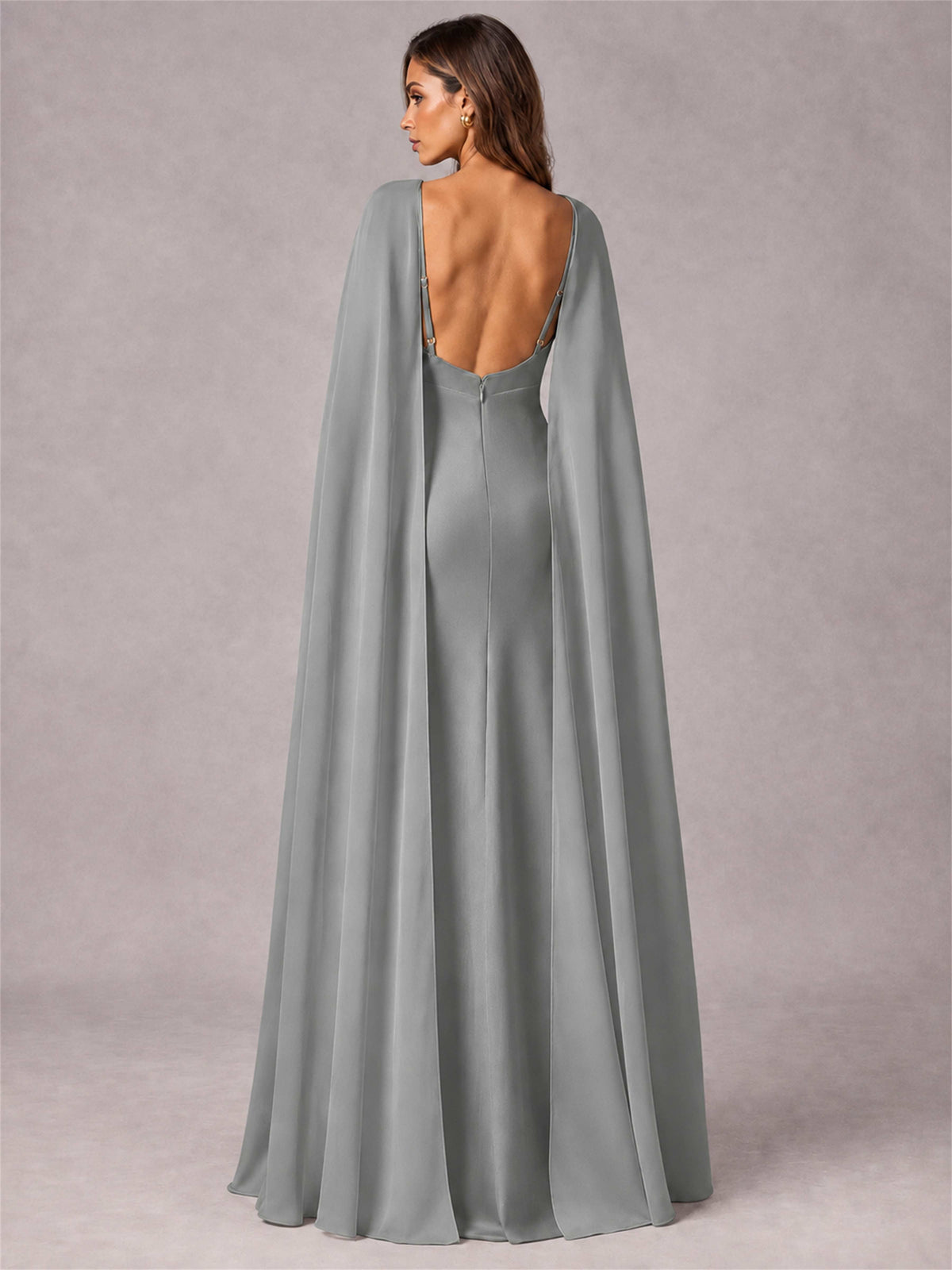 V-Neck Mermaid Satin Spaghetti Straps Floor-Length Wedding Guest Dress with Cape
