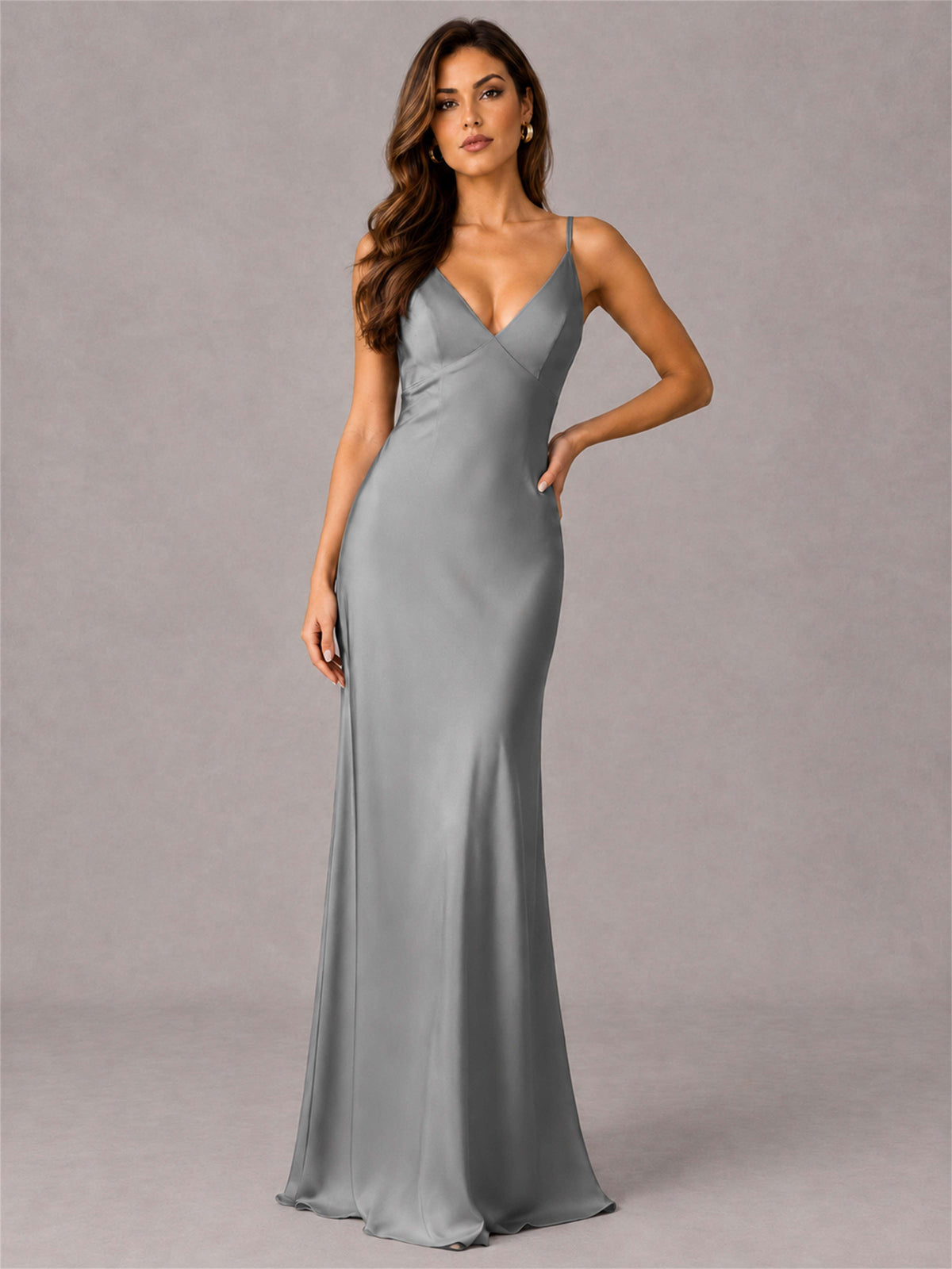 V-Neck Mermaid Satin Spaghetti Straps Floor-Length Wedding Guest Dress with Cape