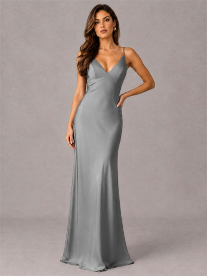 V-Neck Mermaid Satin Spaghetti Straps Floor-Length Wedding Guest Dress with Cape