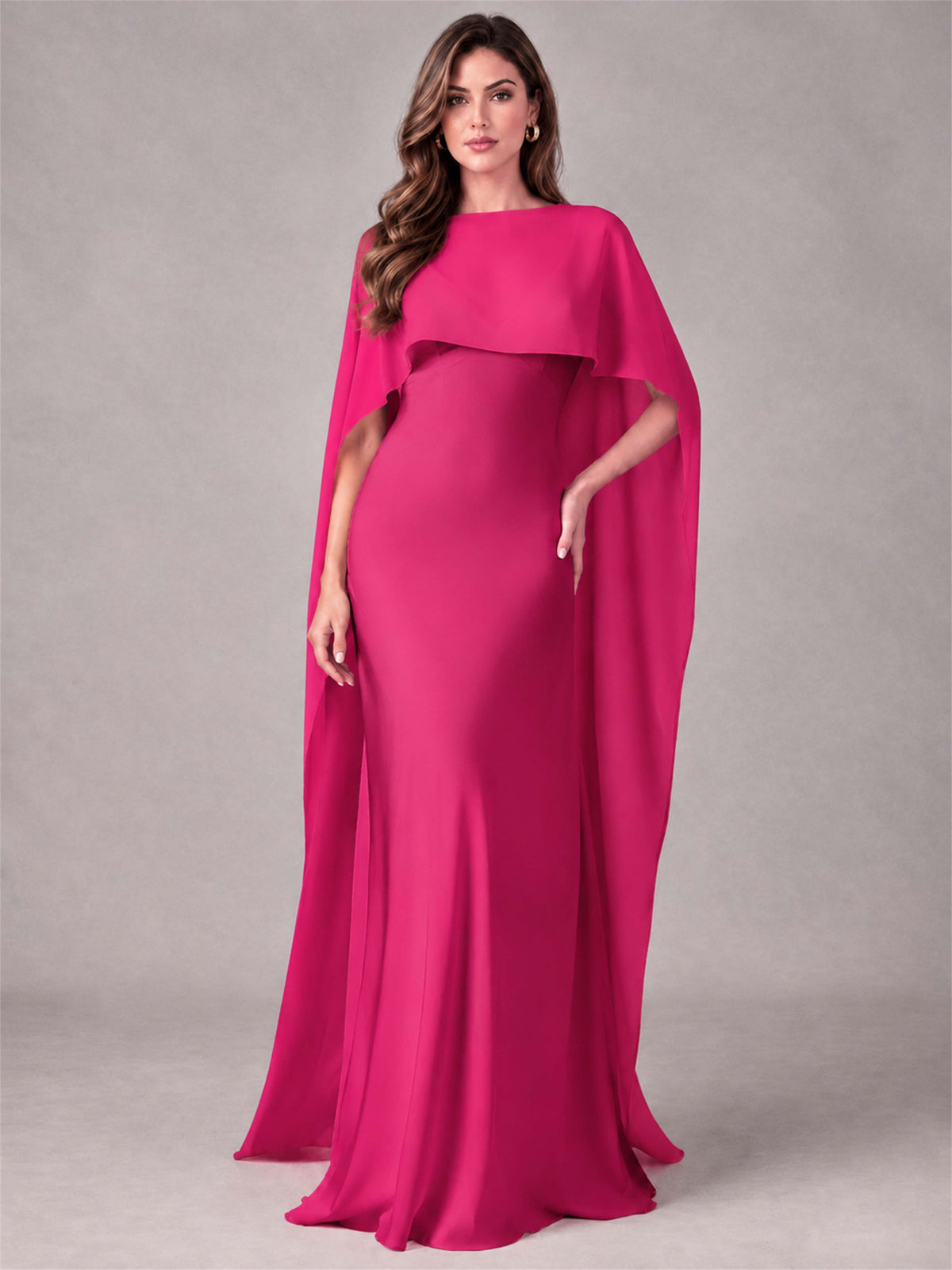 V-Neck Mermaid Satin Spaghetti Straps Floor-Length Wedding Guest Dress with Cape