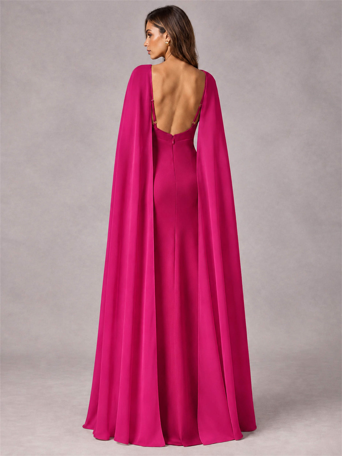 V-Neck Mermaid Satin Spaghetti Straps Floor-Length Wedding Guest Dress with Cape