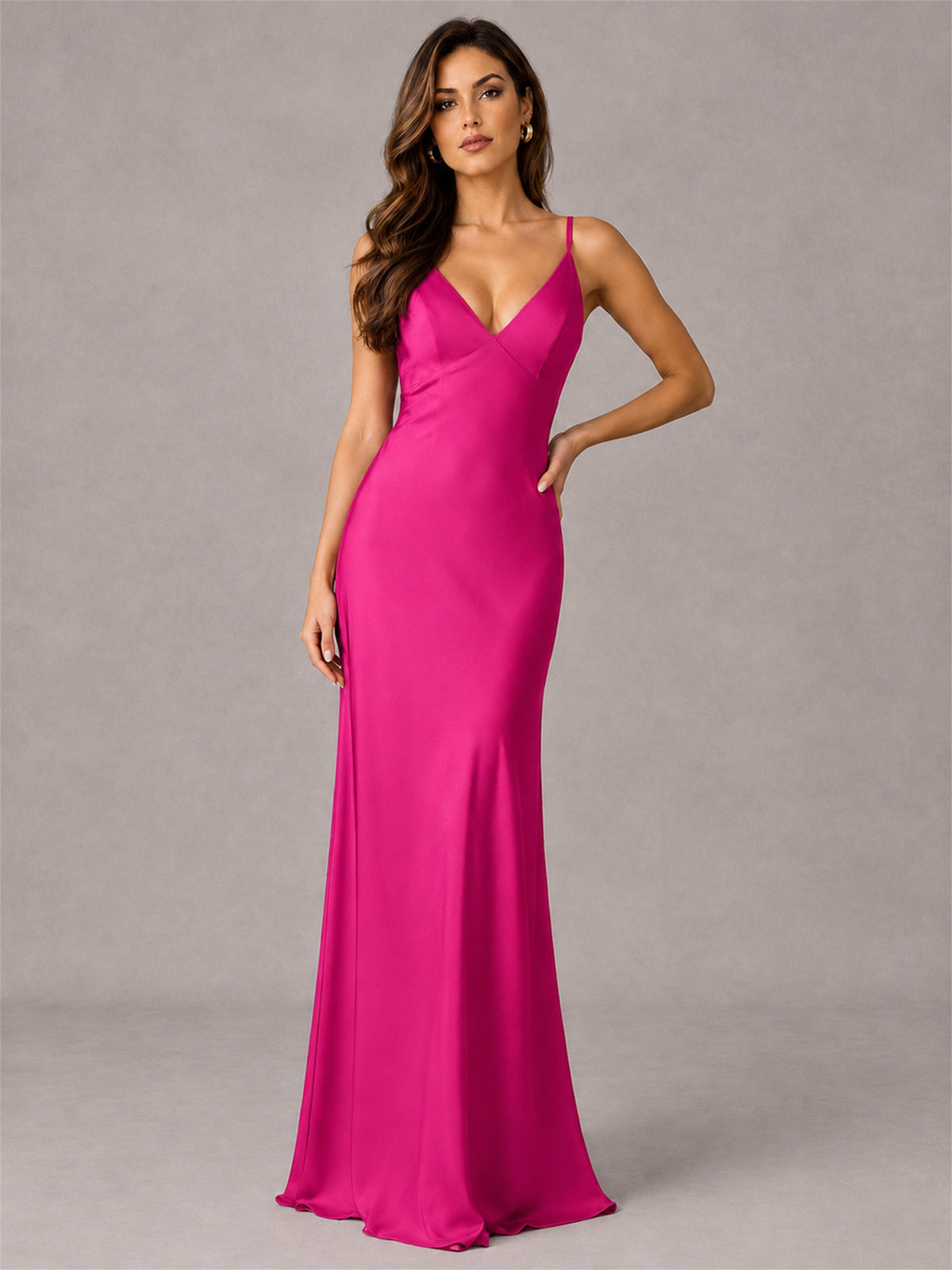 V-Neck Mermaid Satin Spaghetti Straps Floor-Length Wedding Guest Dress with Cape