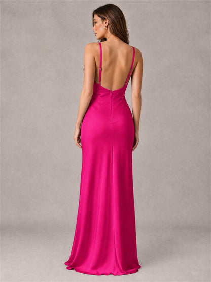 V-Neck Mermaid Satin Spaghetti Straps Floor-Length Wedding Guest Dress with Cape