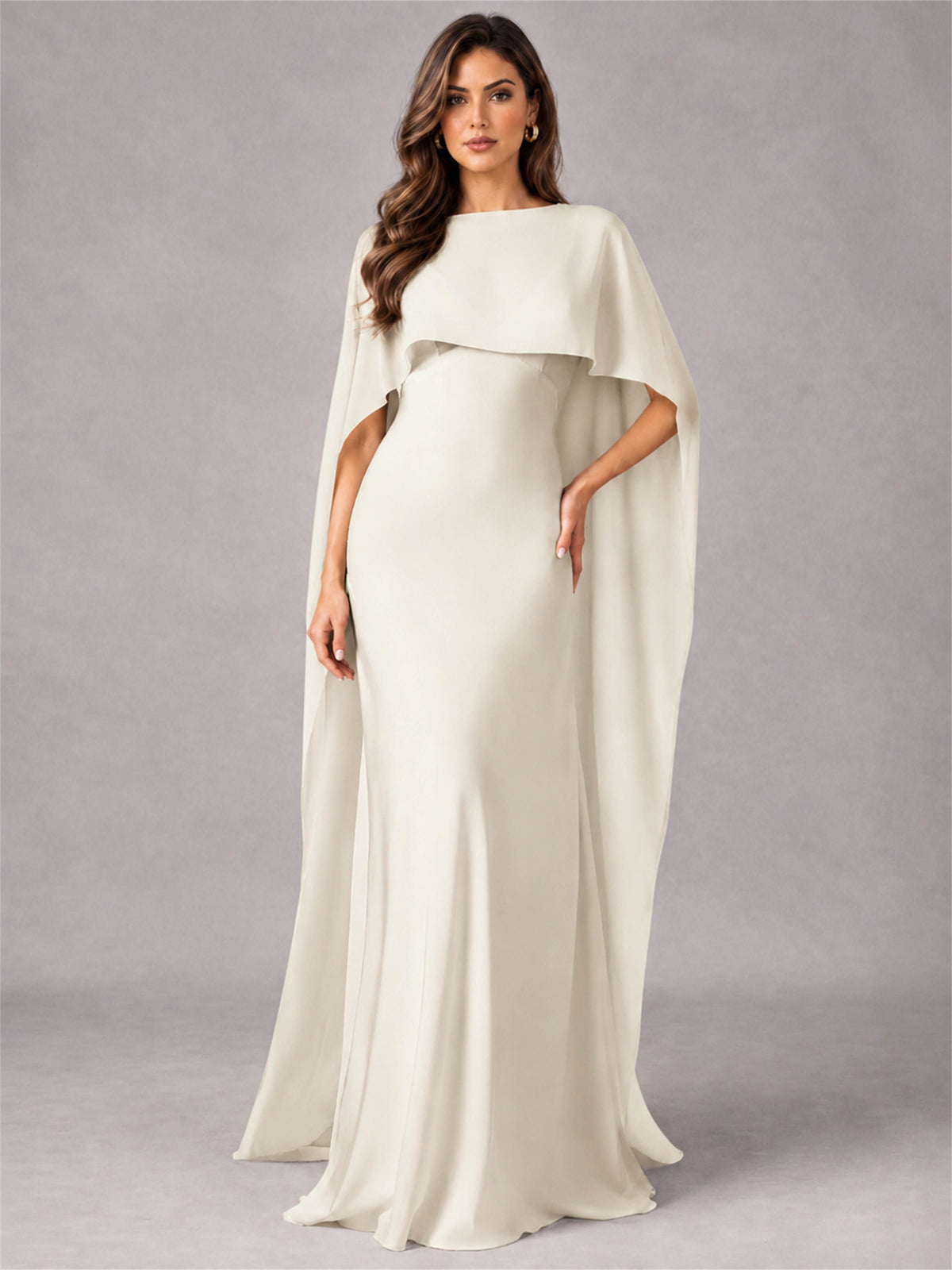 V-Neck Mermaid Satin Spaghetti Straps Floor-Length Wedding Guest Dress with Cape