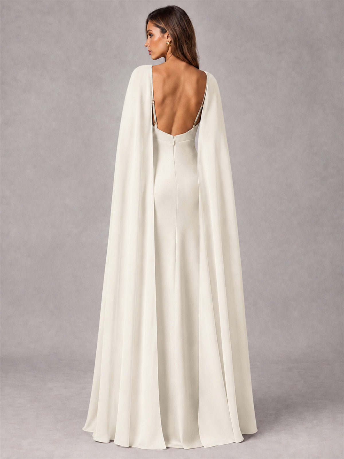 V-Neck Mermaid Satin Spaghetti Straps Floor-Length Wedding Guest Dress with Cape