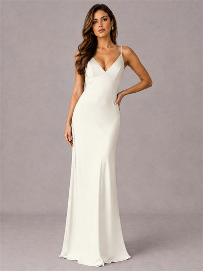 V-Neck Mermaid Satin Spaghetti Straps Floor-Length Wedding Guest Dress with Cape