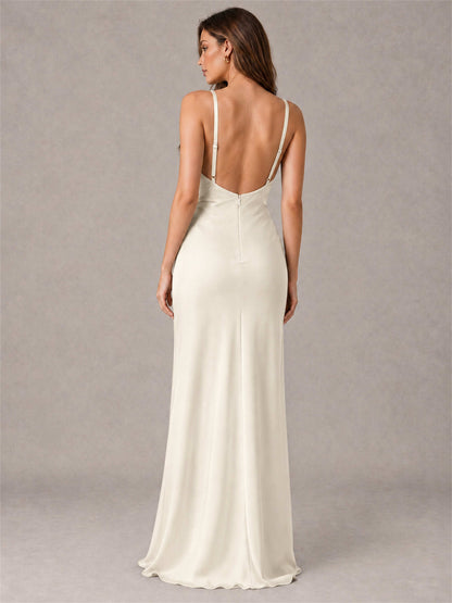 V-Neck Mermaid Satin Spaghetti Straps Floor-Length Wedding Guest Dress with Cape