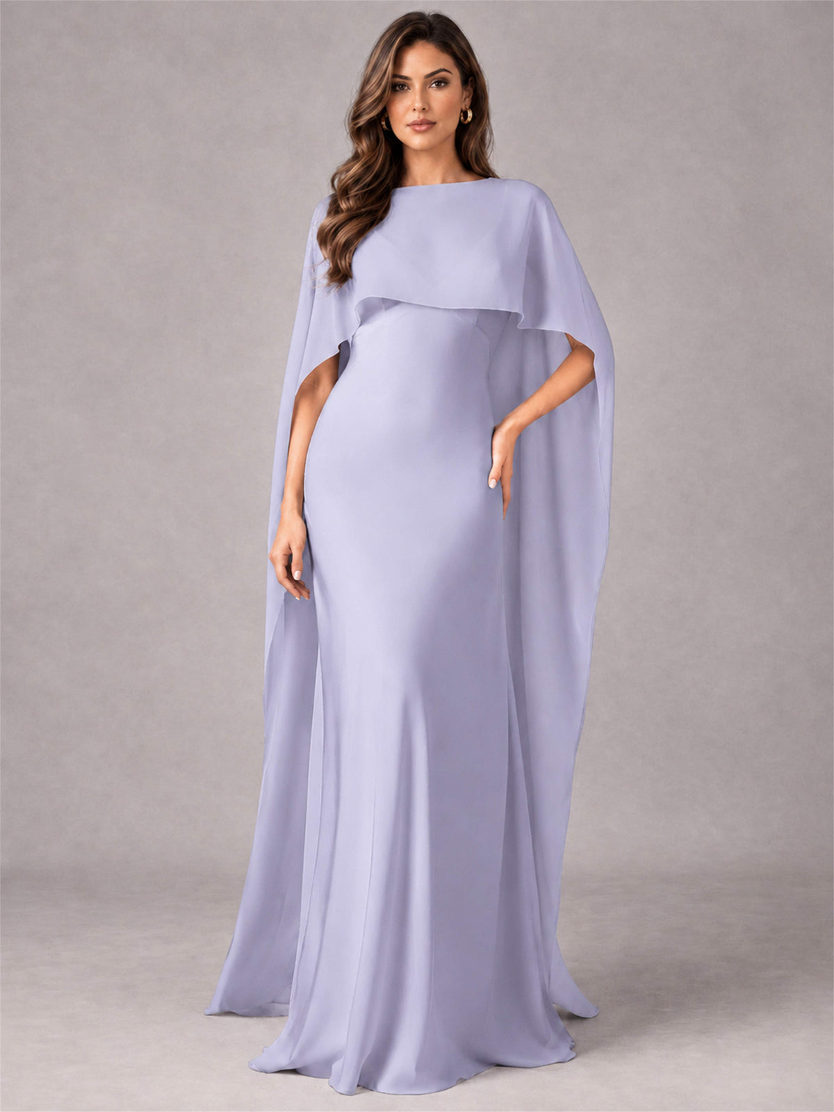 V-Neck Mermaid Satin Spaghetti Straps Floor-Length Wedding Guest Dress with Cape