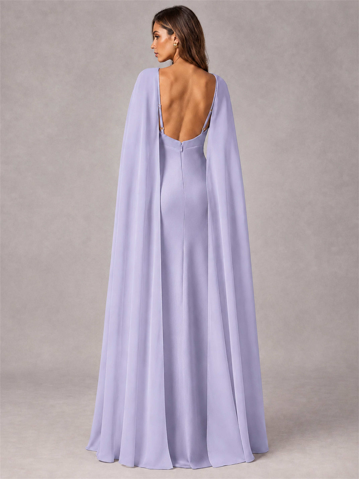 V-Neck Mermaid Satin Spaghetti Straps Floor-Length Wedding Guest Dress with Cape