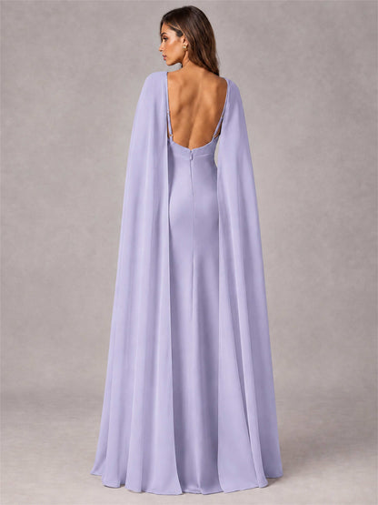 V-Neck Mermaid Satin Spaghetti Straps Floor-Length Wedding Guest Dress with Cape