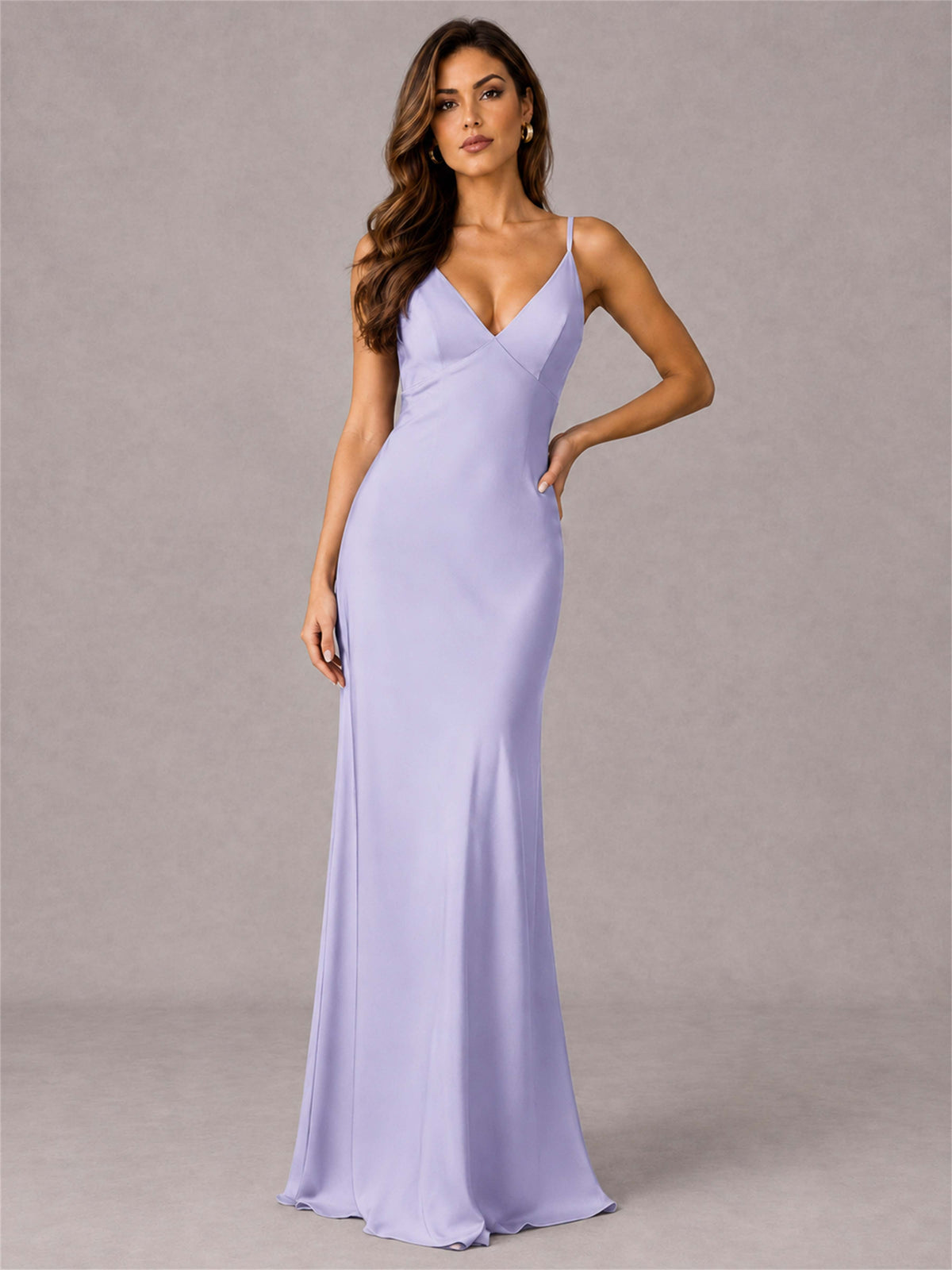 V-Neck Mermaid Satin Spaghetti Straps Floor-Length Wedding Guest Dress with Cape