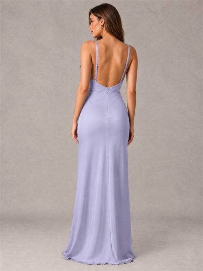 V-Neck Mermaid Satin Spaghetti Straps Floor-Length Wedding Guest Dress with Cape