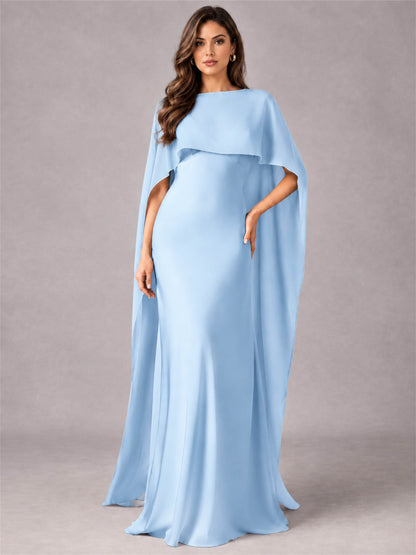 V-Neck Mermaid Satin Spaghetti Straps Floor-Length Wedding Guest Dress with Cape