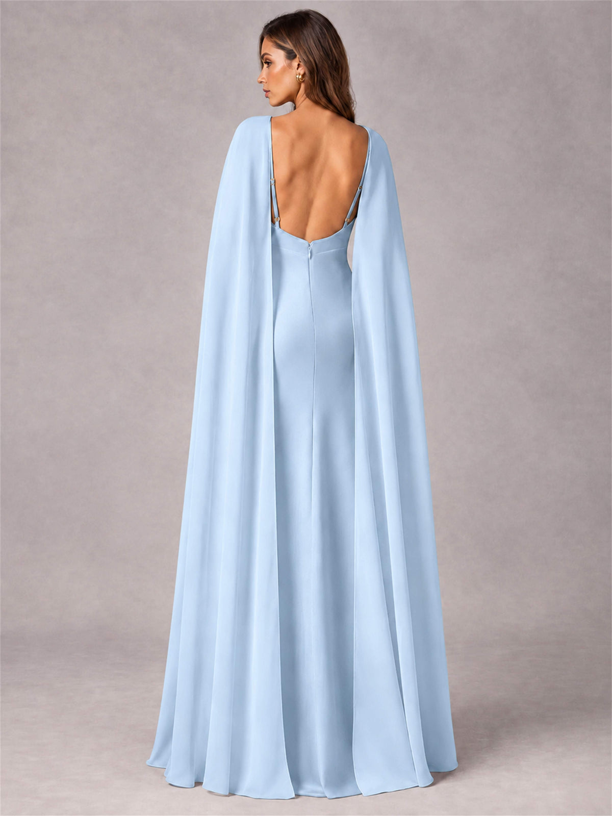 V-Neck Mermaid Satin Spaghetti Straps Floor-Length Wedding Guest Dress with Cape