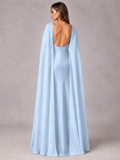 V-Neck Mermaid Satin Spaghetti Straps Floor-Length Wedding Guest Dress with Cape