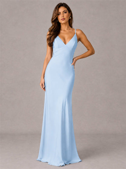 V-Neck Mermaid Satin Spaghetti Straps Floor-Length Wedding Guest Dress with Cape