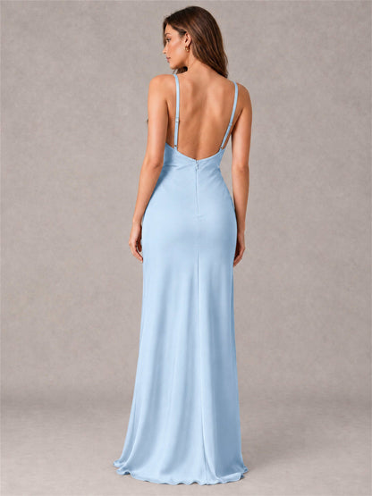 V-Neck Mermaid Satin Spaghetti Straps Floor-Length Wedding Guest Dress with Cape