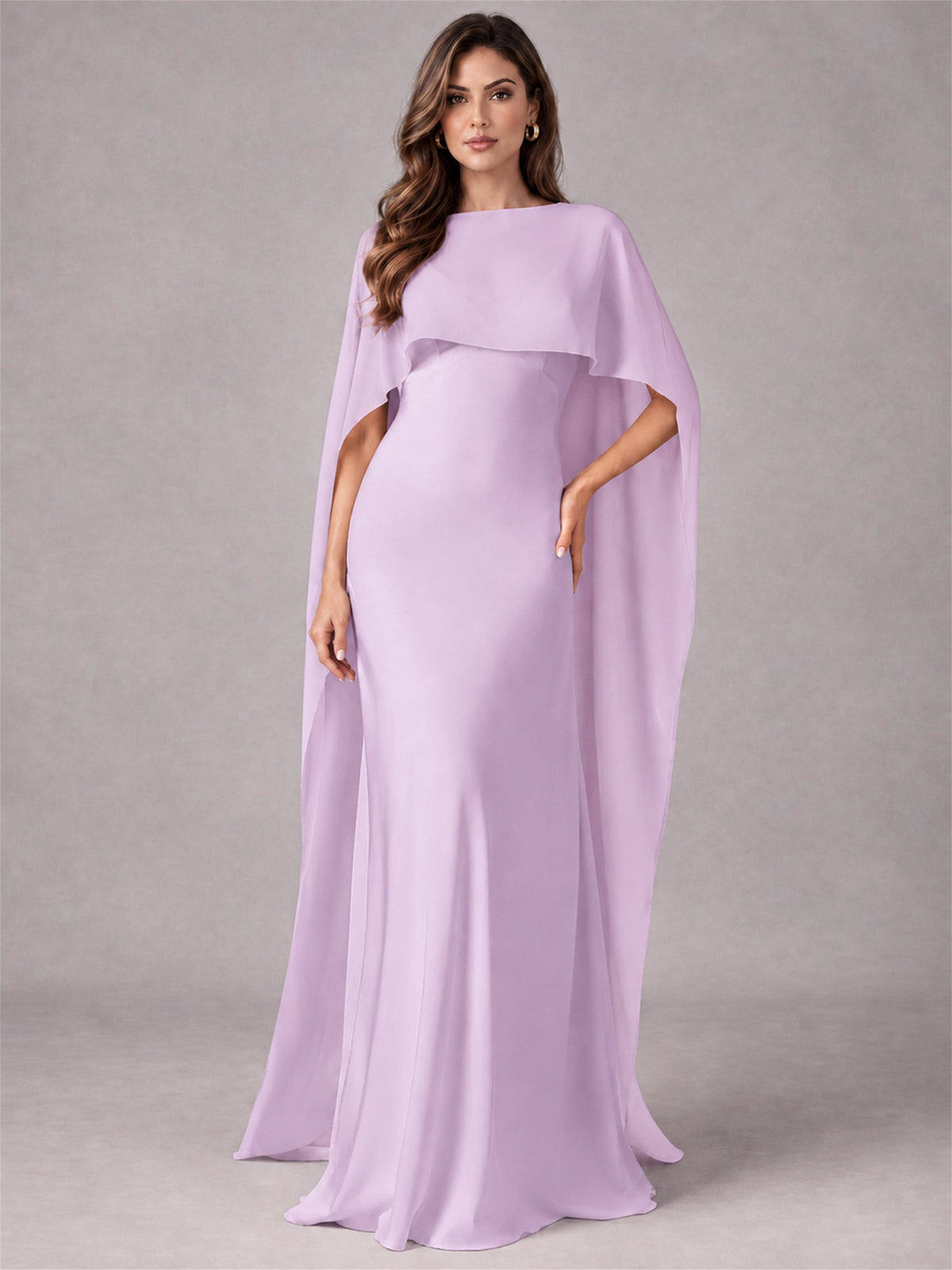 V-Neck Mermaid Satin Spaghetti Straps Floor-Length Wedding Guest Dress with Cape