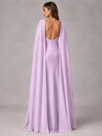 V-Neck Mermaid Satin Spaghetti Straps Floor-Length Wedding Guest Dress with Cape
