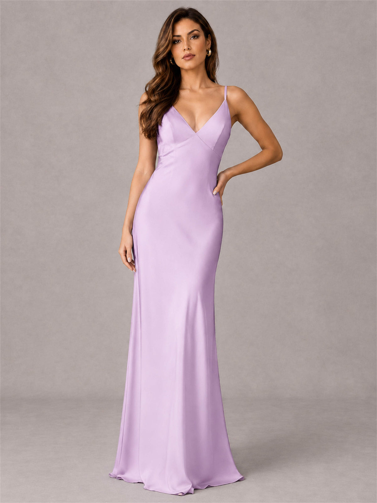 V-Neck Mermaid Satin Spaghetti Straps Floor-Length Wedding Guest Dress with Cape