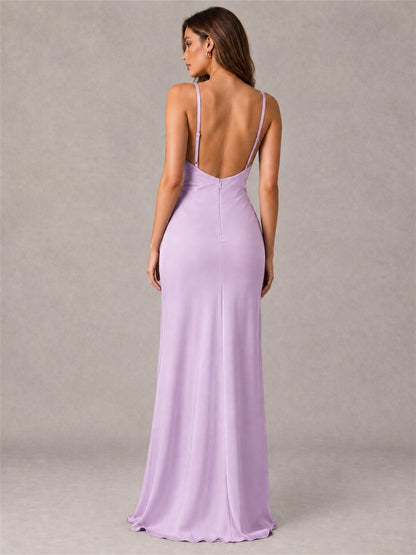 V-Neck Mermaid Satin Spaghetti Straps Floor-Length Wedding Guest Dress with Cape