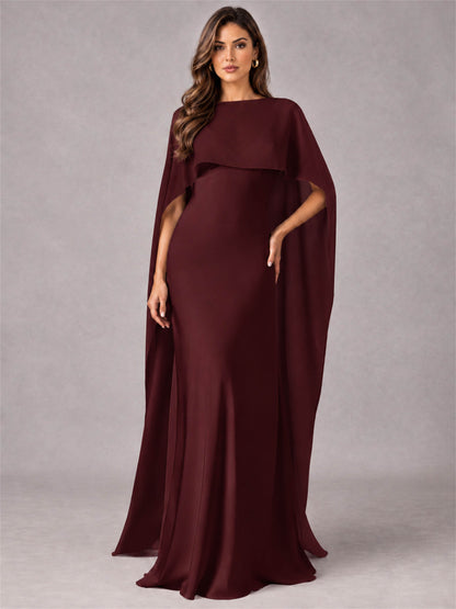 V-Neck Mermaid Satin Spaghetti Straps Floor-Length Wedding Guest Dress with Cape