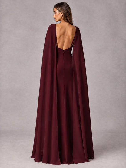 V-Neck Mermaid Satin Spaghetti Straps Floor-Length Wedding Guest Dress with Cape