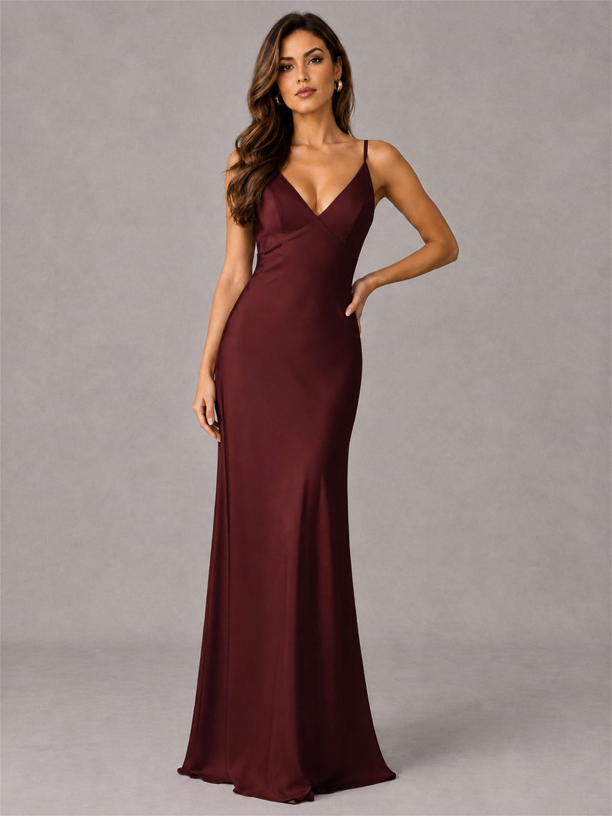 V-Neck Mermaid Satin Spaghetti Straps Floor-Length Wedding Guest Dress with Cape