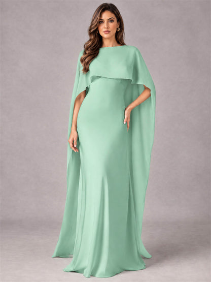 V-Neck Mermaid Satin Spaghetti Straps Floor-Length Wedding Guest Dress with Cape